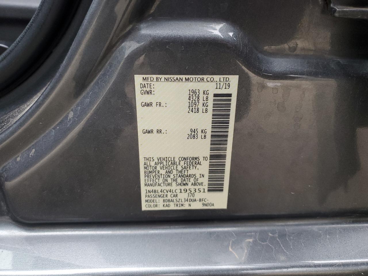 2020 Nissan Altima Sr VIN: 1N4BL4CV4LC195351 Lot: 82439915