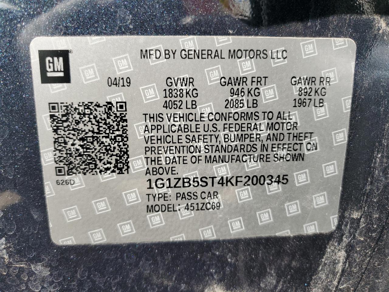 2019 Chevrolet Malibu Ls VIN: 1G1ZB5ST4KF200345 Lot: 85766805