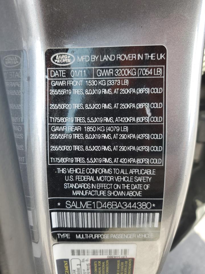 2011 Land Rover Range Rover Hse VIN: SALME1D46BA344380 Lot: 86497845