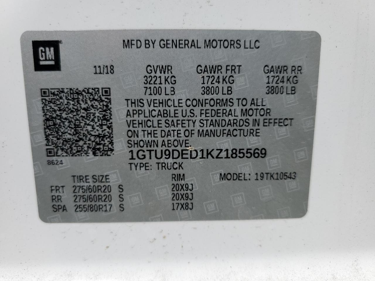 2019 GMC Sierra K1500 Slt VIN: 1GTU9DED1KZ185569 Lot: 82243905