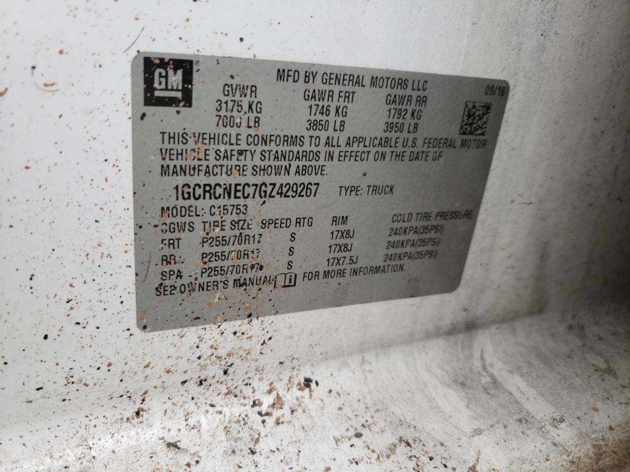 2016 Chevrolet Silverado C1500 VIN: 1GCRCNEC7GZ429267 Lot: 84834375