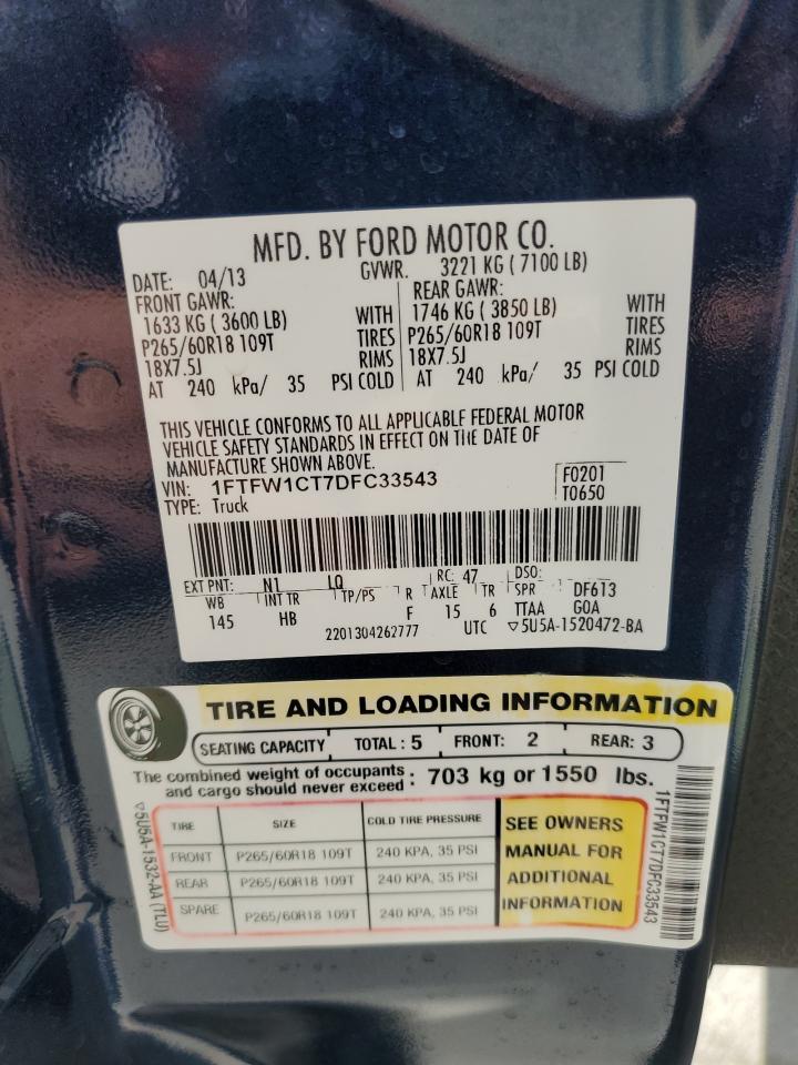 2013 Ford F150 Supercrew VIN: 1FTFW1CT7DFC33543 Lot: 84893395