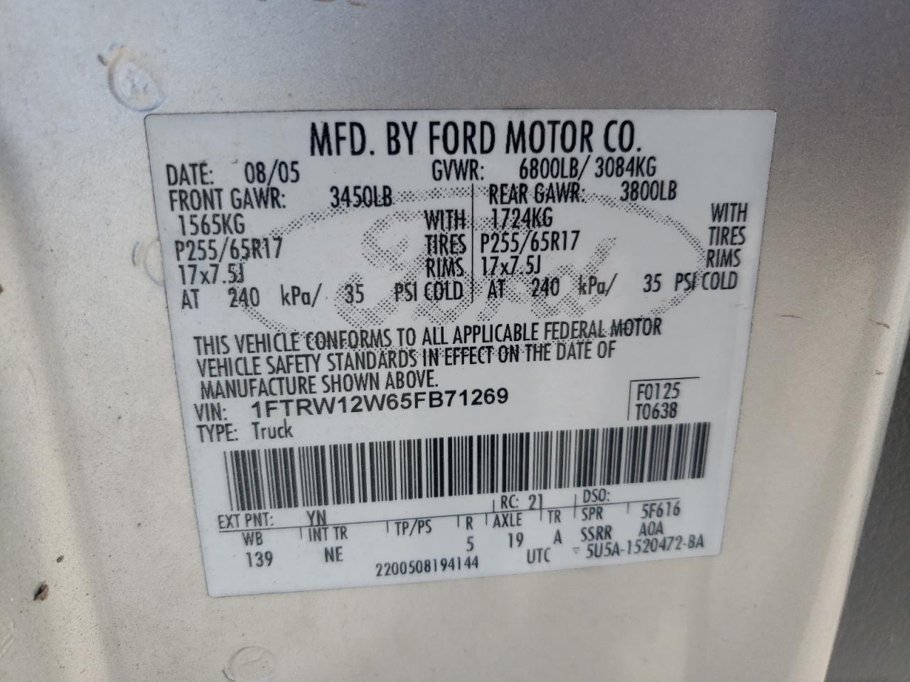 2005 Ford F150 Supercrew VIN: 1FTRW12W65FB71269 Lot: 85180165