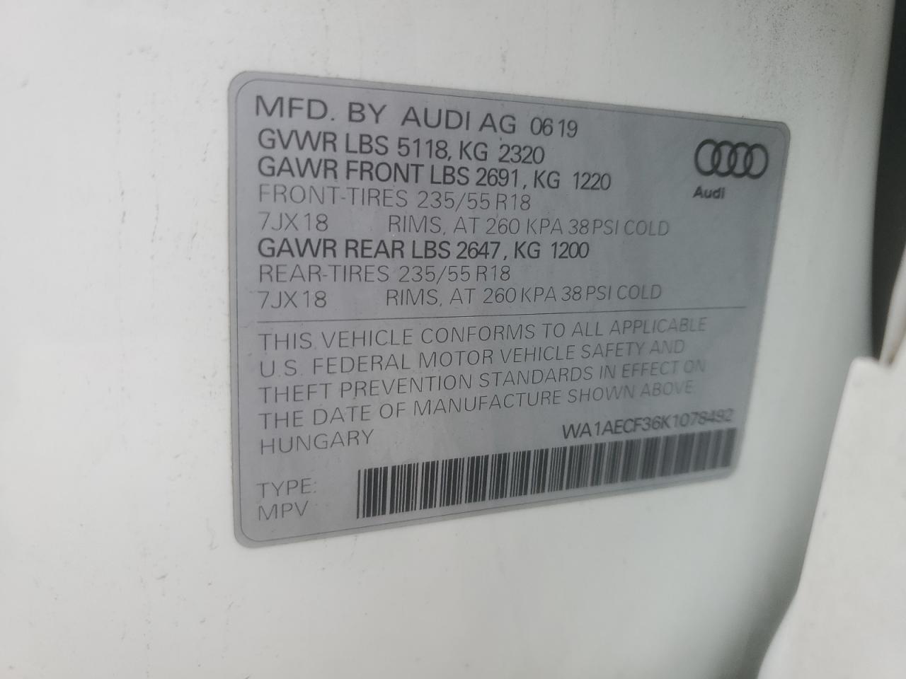 2019 Audi Q3 Premium VIN: WA1AECF36K1078492 Lot: 82760645