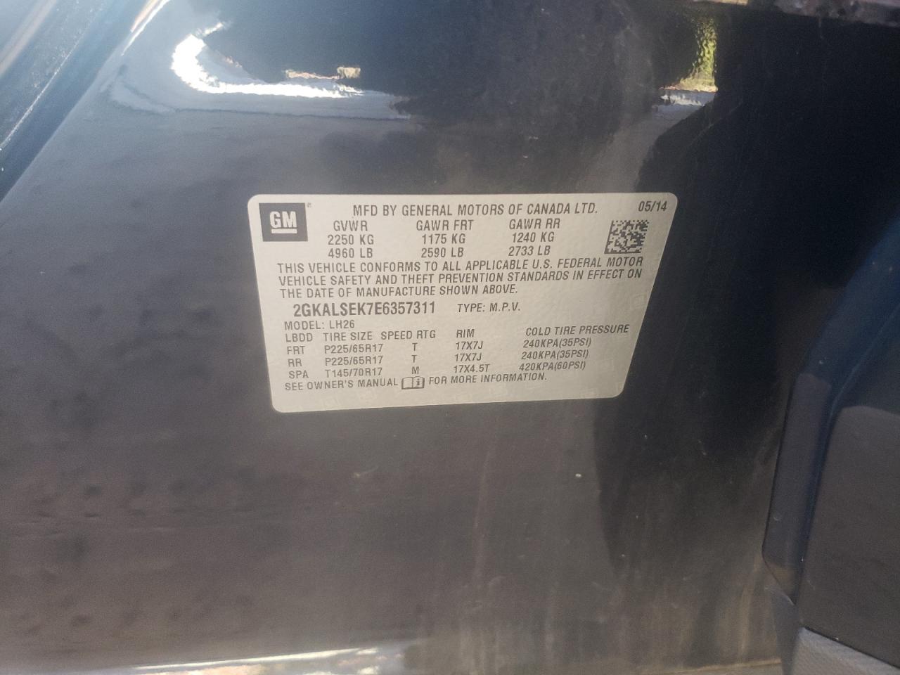 2014 GMC Terrain Slt VIN: 2GKALSEK7E6357311 Lot: 89684925