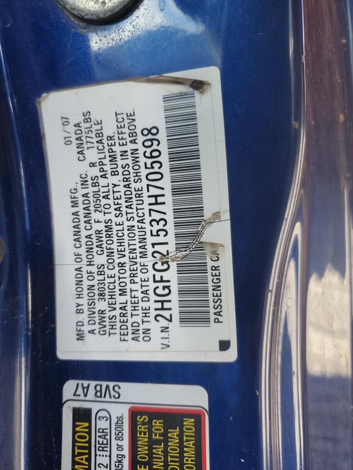 2007 Honda Civic Si VIN: 2HGFG21537H705698 Lot: 82176435