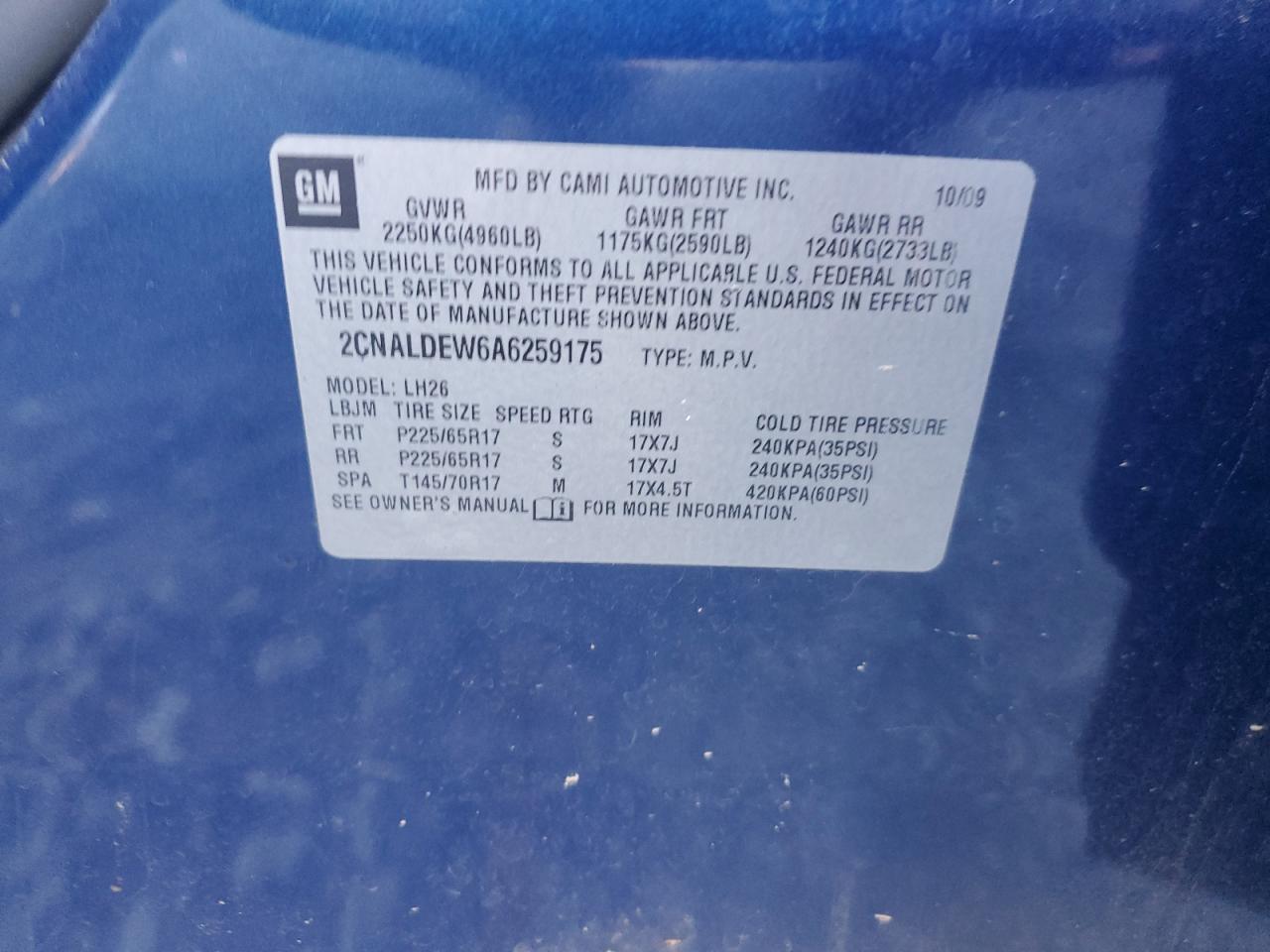 2010 Chevrolet Equinox Lt VIN: 2CNALDEW6A6259175 Lot: 86448695