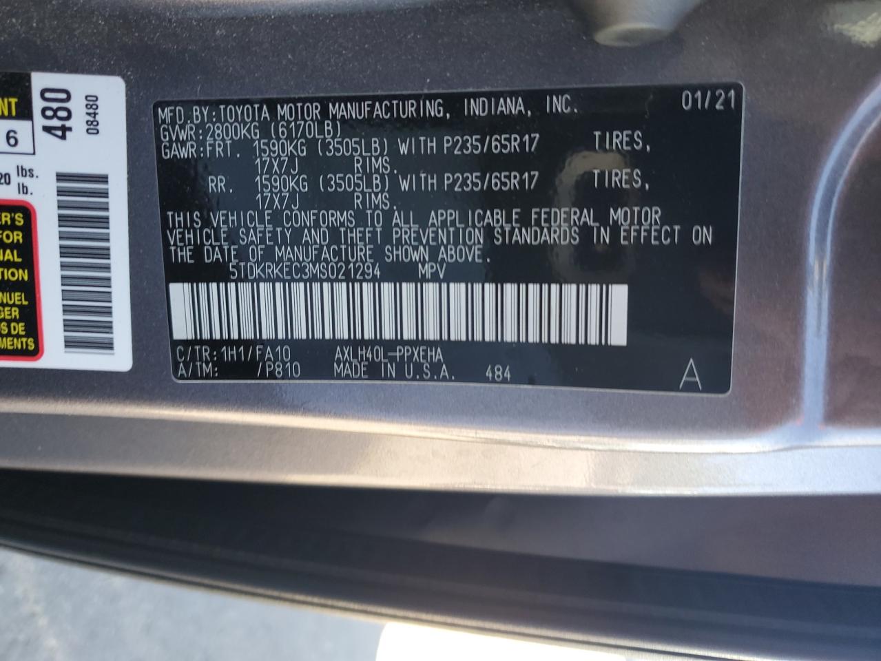 2021 Toyota Sienna Le VIN: 5TDKRKEC3MS021294 Lot: 90145995