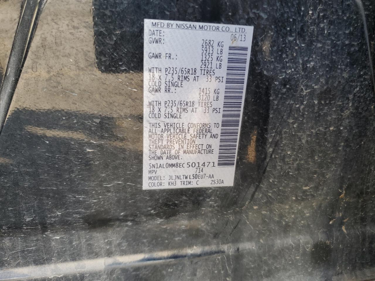 2014 Infiniti Qx60 VIN: 5N1AL0MM8EC501471 Lot: 84947695