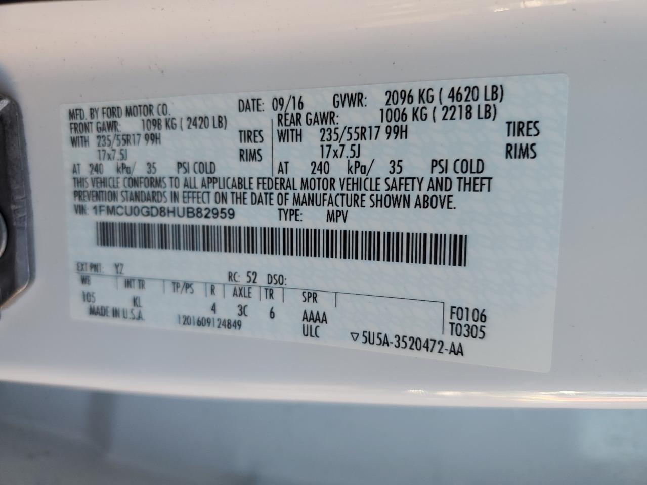 2017 Ford Escape Se VIN: 1FMCU0GD8HUB82959 Lot: 90835025