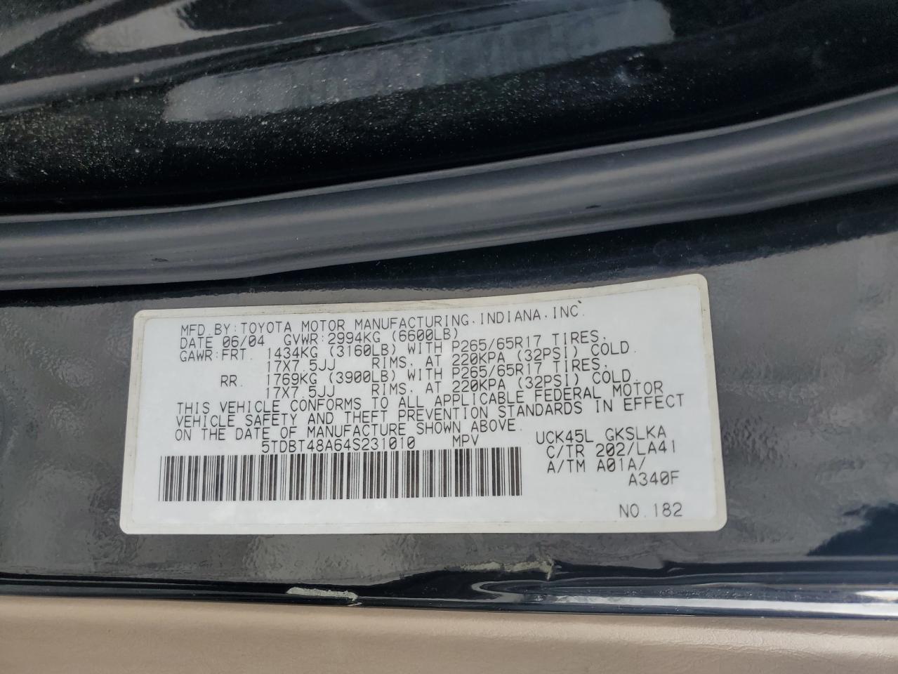 2004 Toyota Sequoia Limited VIN: 5TDBT48A64S231010 Lot: 86137725