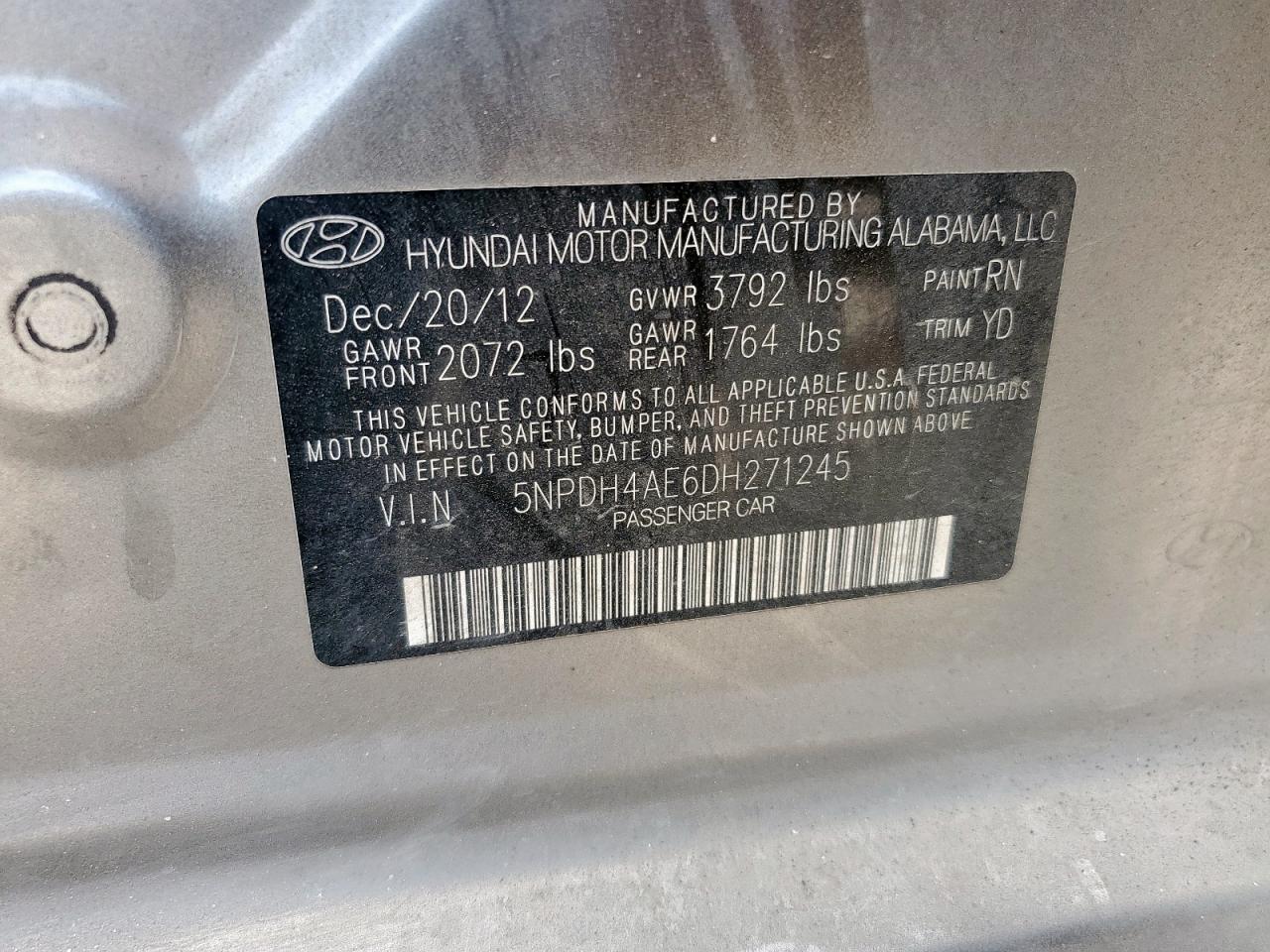 2013 Hyundai Elantra Gls VIN: 5NPDH4AE6DH271245 Lot: 86061145