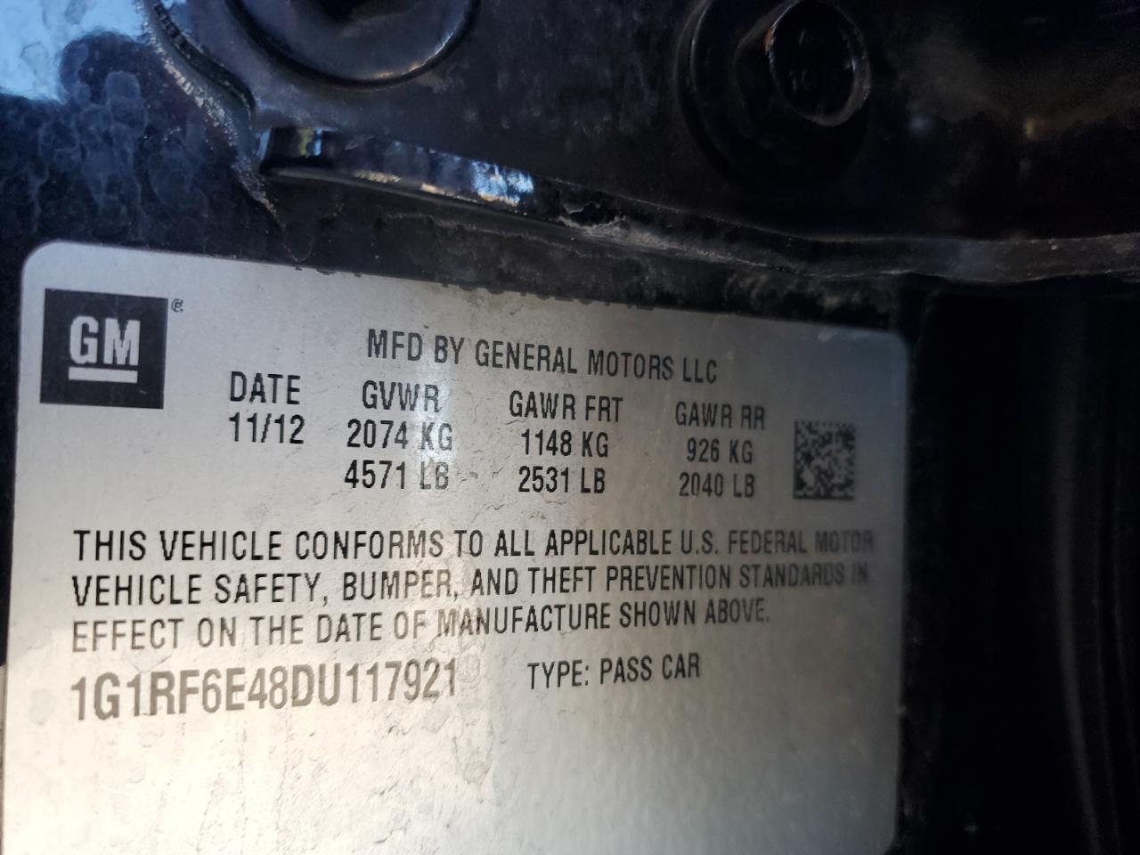 2013 Chevrolet Volt VIN: 1G1RF6E48DU117921 Lot: 89913985