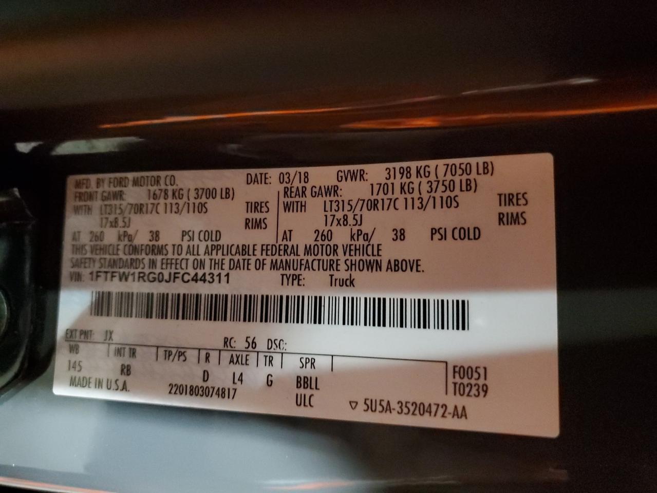 2018 Ford F150 Raptor VIN: 1FTFW1RG0JFC44311 Lot: 84478345