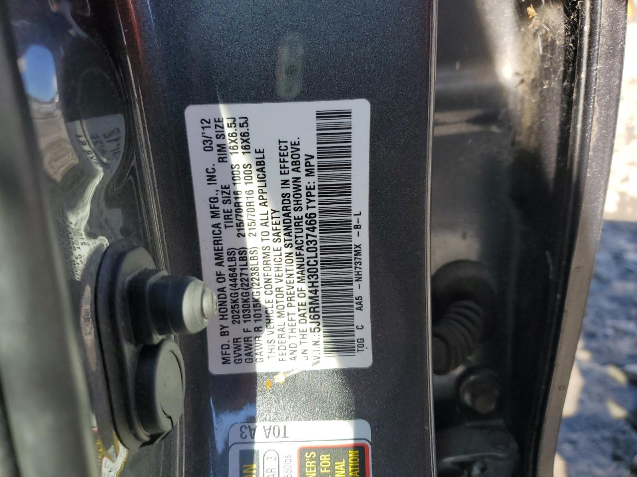 2012 Honda Cr-V Lx VIN: 5J6RM4H30CL037466 Lot: 85293305