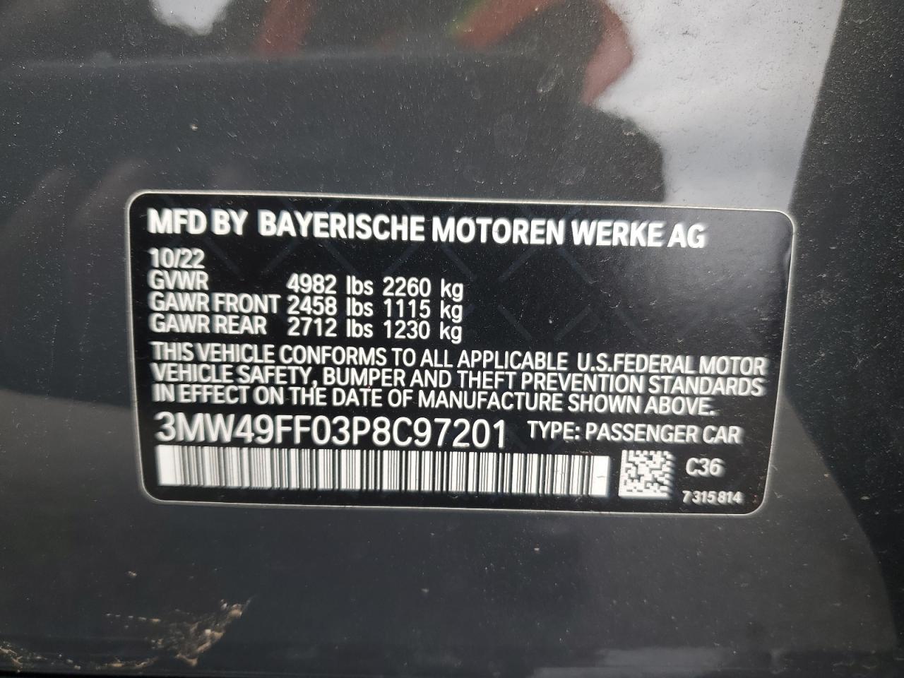 2023 BMW M340Xi VIN: 3MW49FF03P8C97201 Lot: 85485475