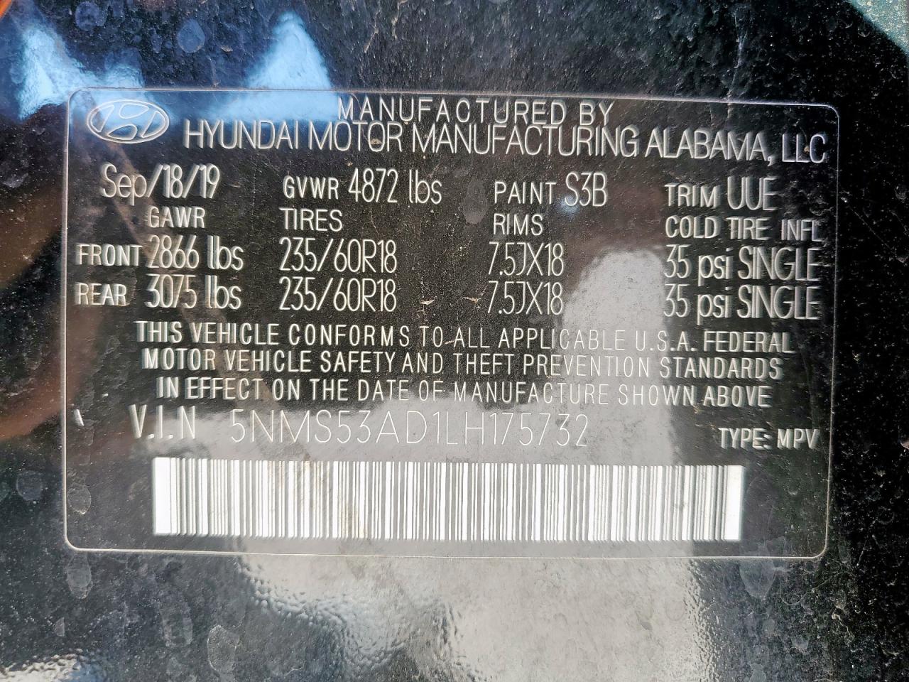 2020 Hyundai Santa Fe Limited VIN: 5NMS53AD1LH175732 Lot: 86081065