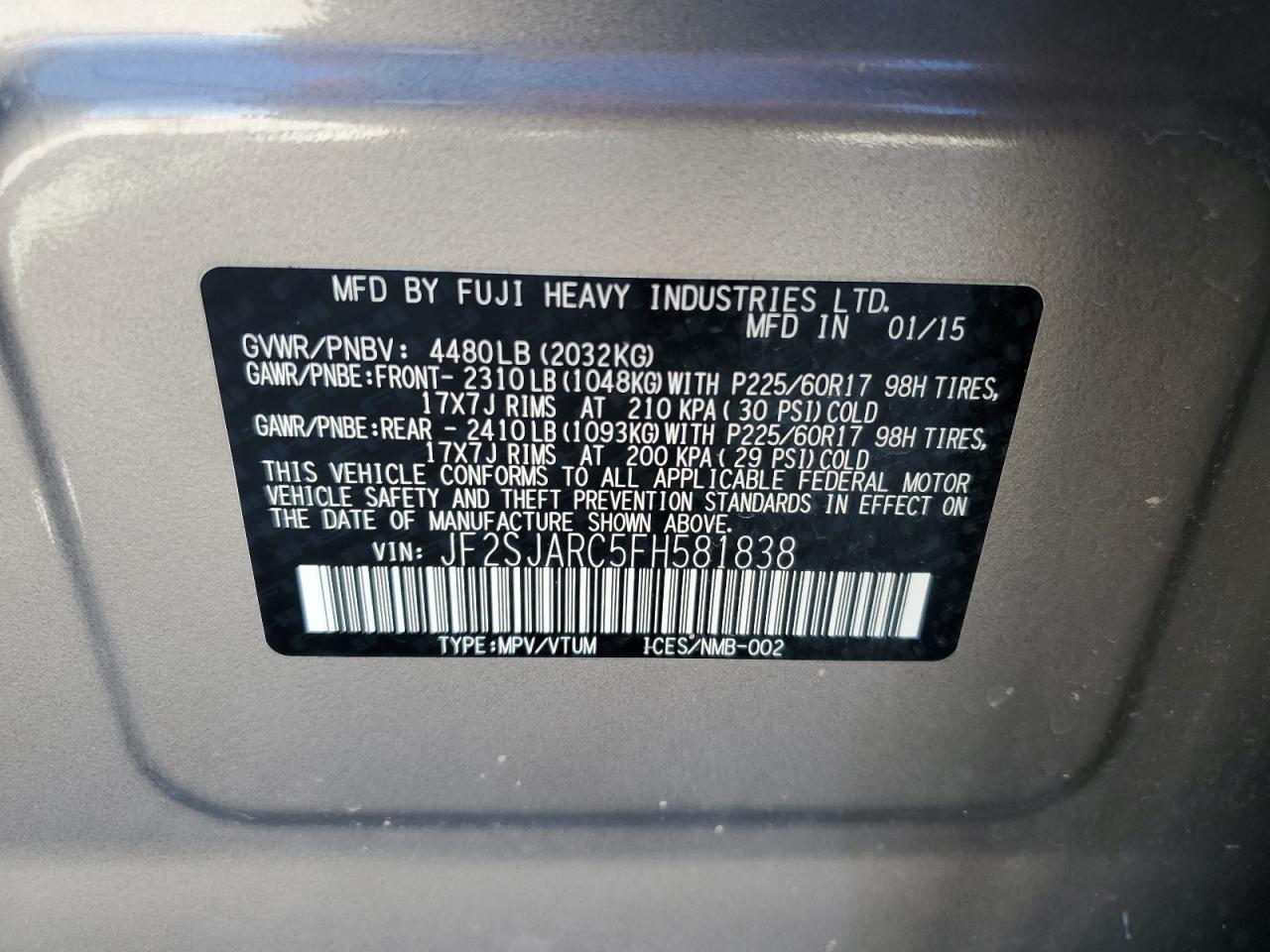 2015 Subaru Forester 2.5I Limited VIN: JF2SJARC5FH581838 Lot: 82227915