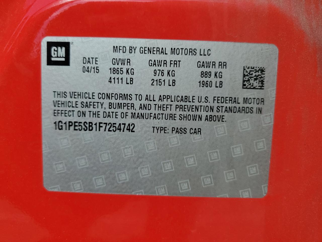 2015 Chevrolet Cruze Lt VIN: 1G1PE5SB1F7254742 Lot: 86182685