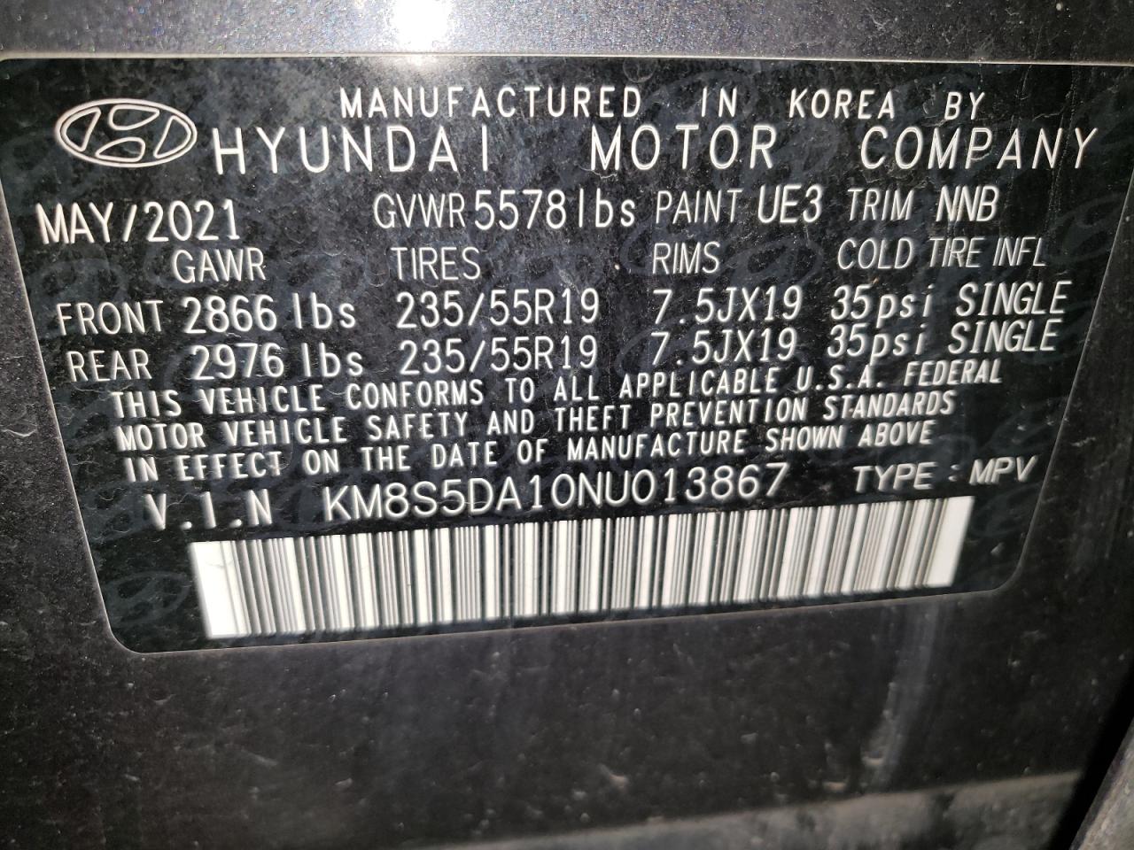 2022 Hyundai Santa Fe Limited VIN: KM8S5DA10NU013867 Lot: 84709135