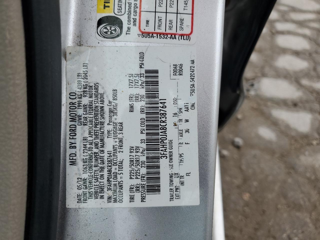 2012 Ford Fusion Sel VIN: 3FAHP0JA8CR387641 Lot: 85646145