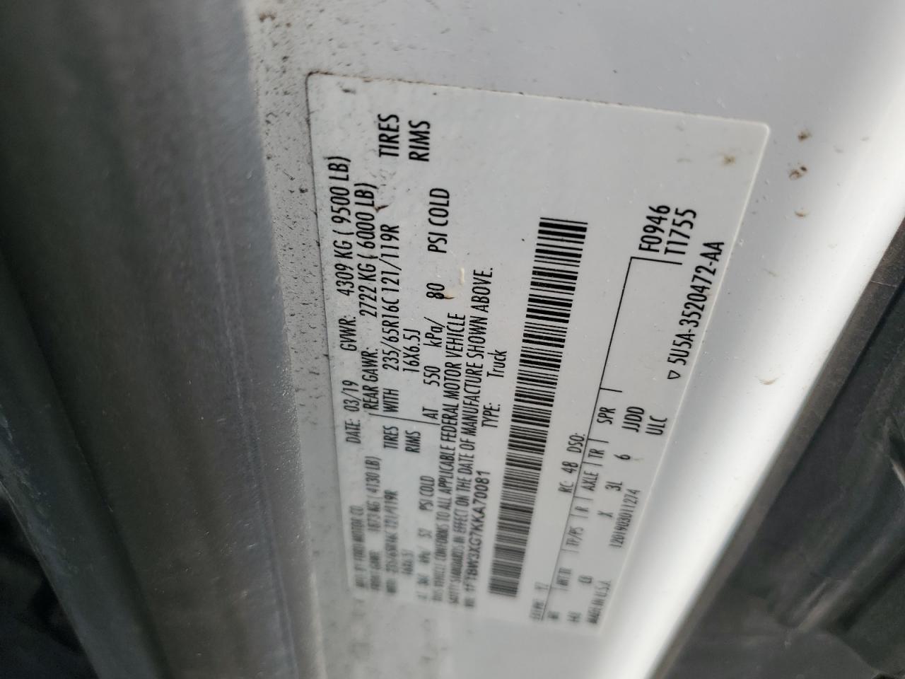 2019 Ford Transit T-350 VIN: 1FTBW3XG7KKA70081 Lot: 86862515