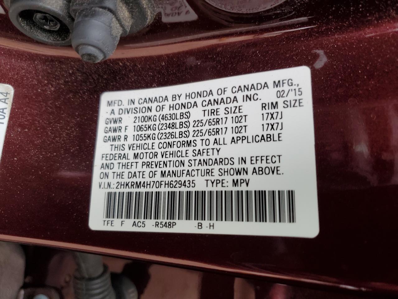 2015 Honda Cr-V Exl VIN: 2HKRM4H70FH629435 Lot: 85557545