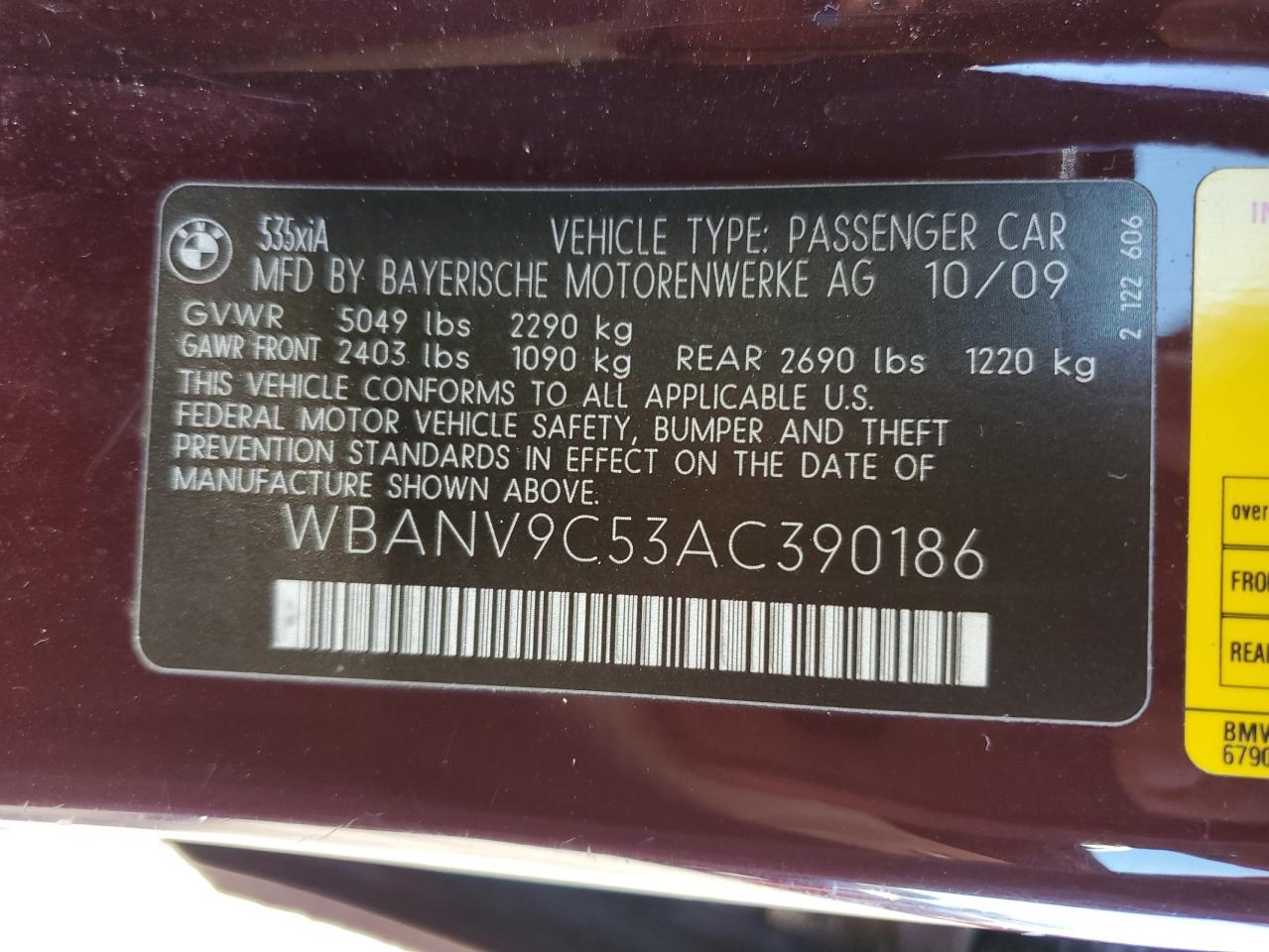 2010 BMW 535 Xi VIN: WBANV9C53AC390186 Lot: 84250255