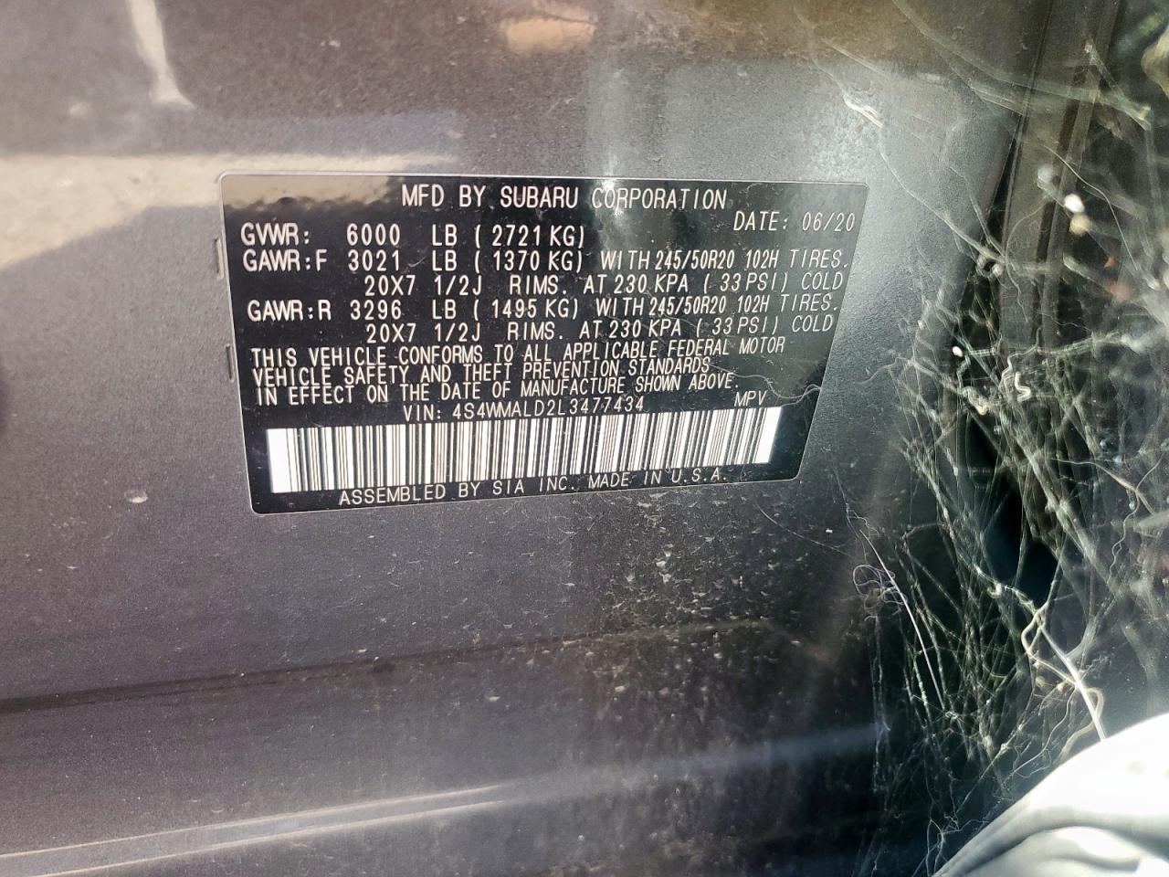 2020 Subaru Ascent Limited VIN: 4S4WMALD2L3477434 Lot: 82176485