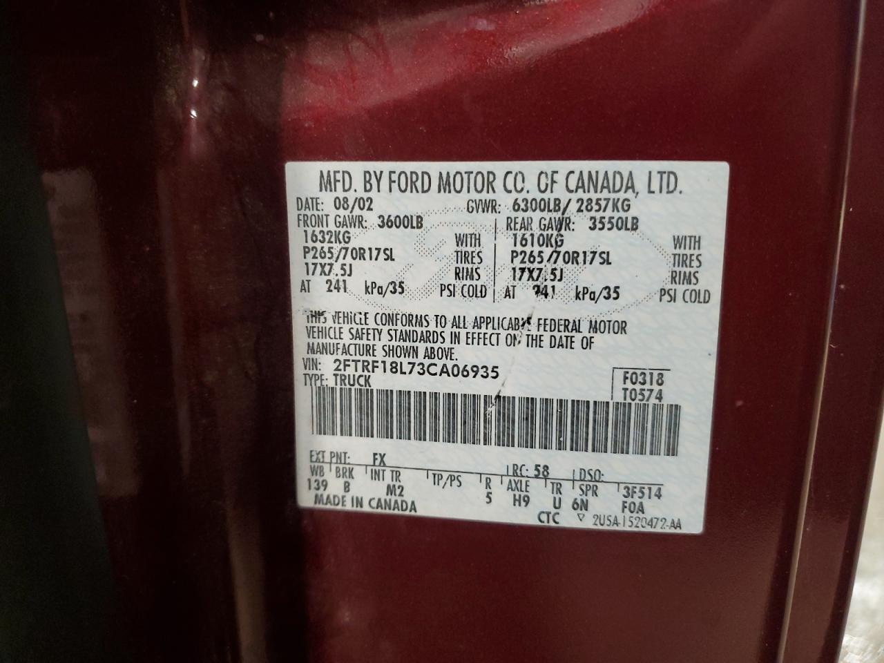 2003 Ford F150 VIN: 2FTRF18L73CA06935 Lot: 86476665