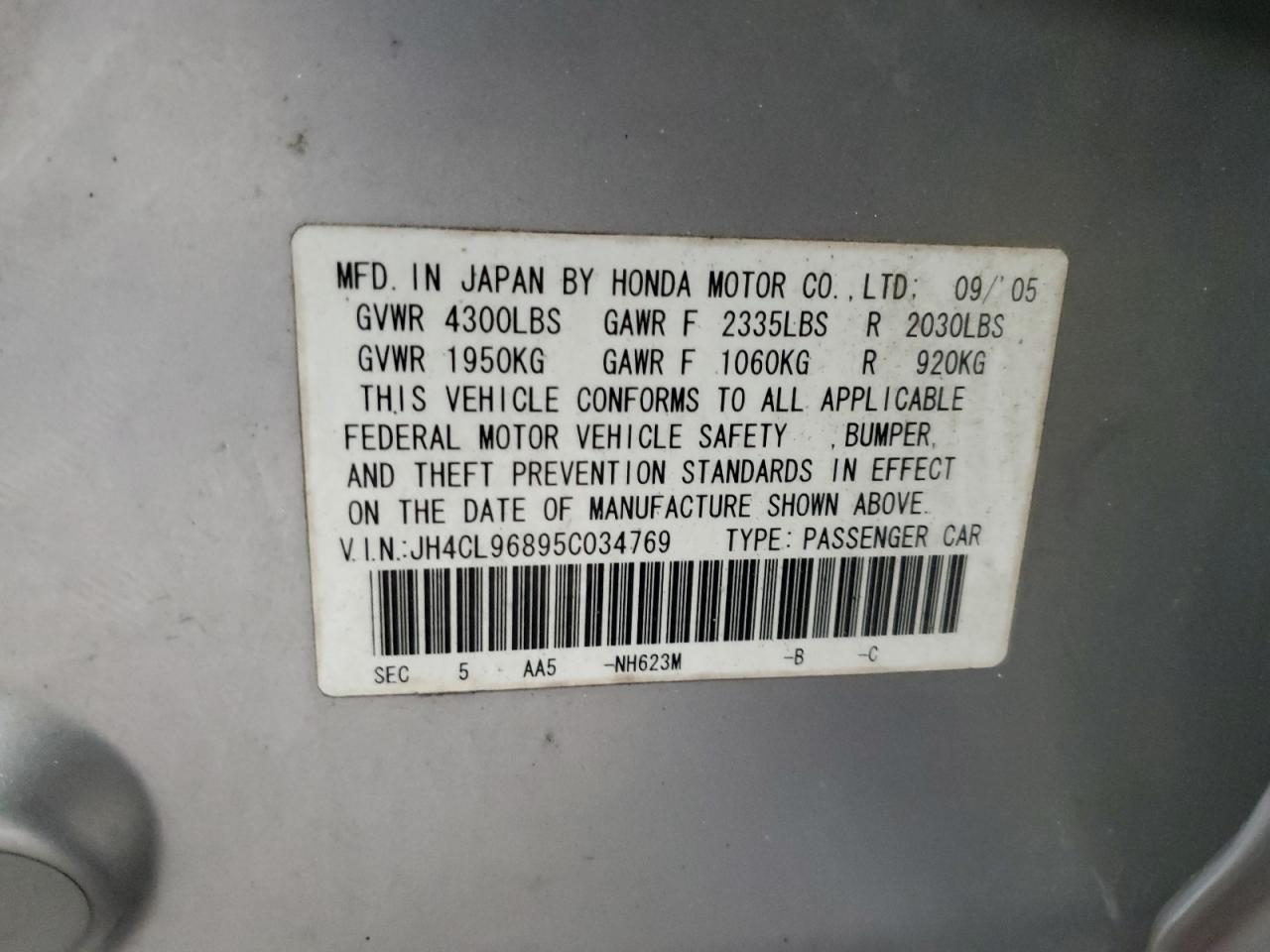 2005 Acura Tsx VIN: JH4CL96895C034769 Lot: 86283275