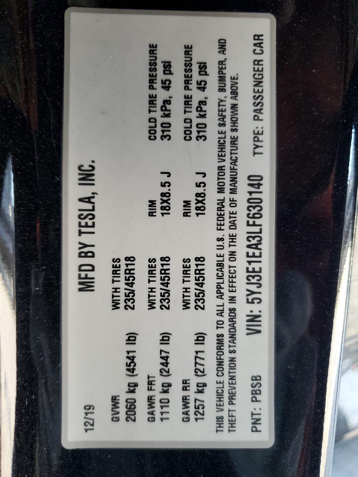 2020 Tesla Model 3 VIN: 5YJ3E1EA3LF630140 Lot: 89725775