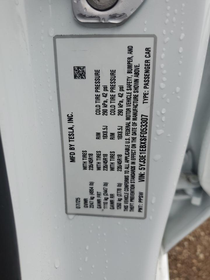 2025 Tesla Model 3 VIN: 5YJ3E1EBXSF053307 Lot: 85156445