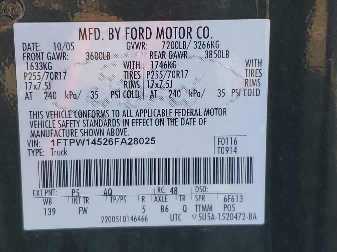 2006 Ford F150 Supercrew VIN: 1FTPW14526FA28025 Lot: 87361915