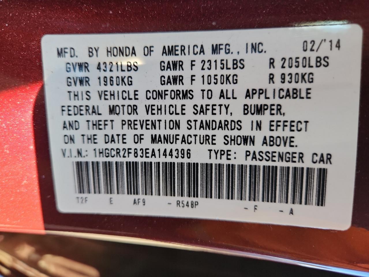 2014 Honda Accord Exl VIN: 1HGCR2F83EA144396 Lot: 90660485