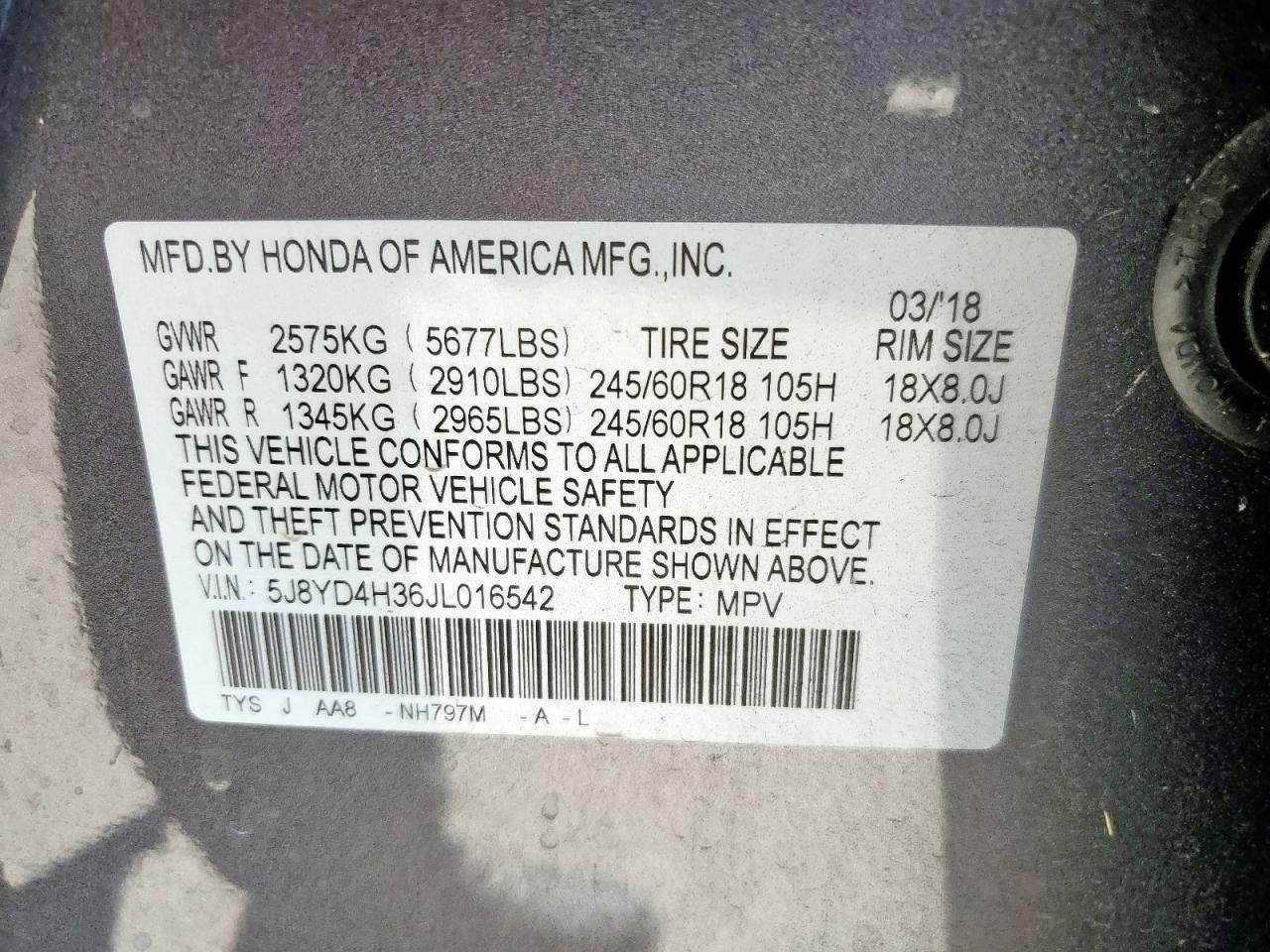 2018 Acura Mdx VIN: 5J8YD4H36JL016542 Lot: 86060015