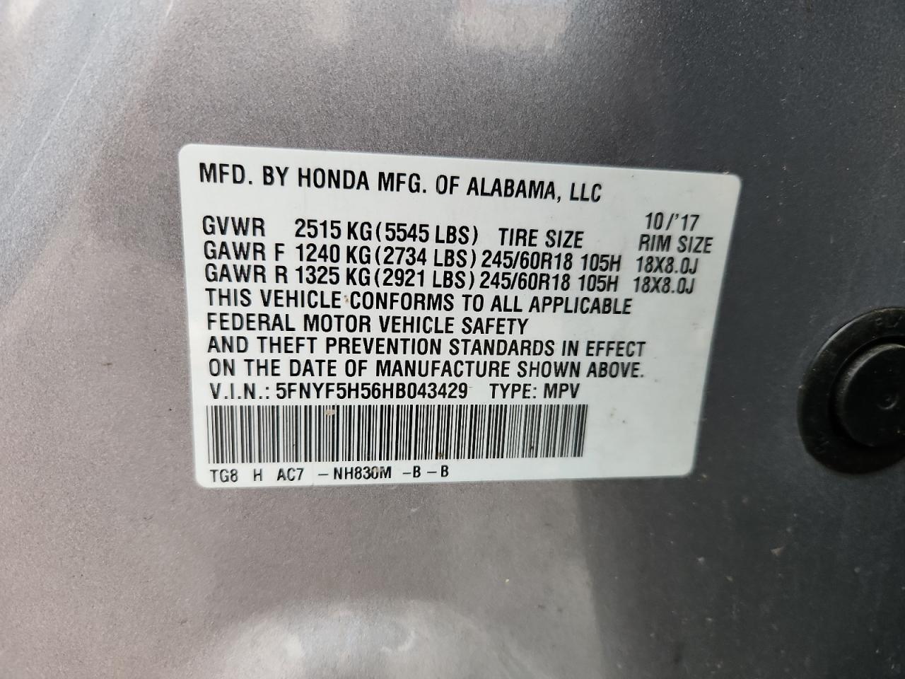 2017 Honda Pilot Exl VIN: 5FNYF5H56HB043429 Lot: 89712955