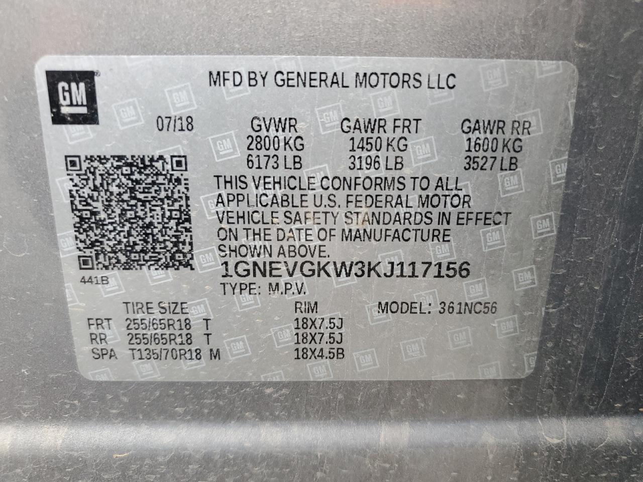 2019 Chevrolet Traverse Lt VIN: 1GNEVGKW3KJ117156 Lot: 82367325