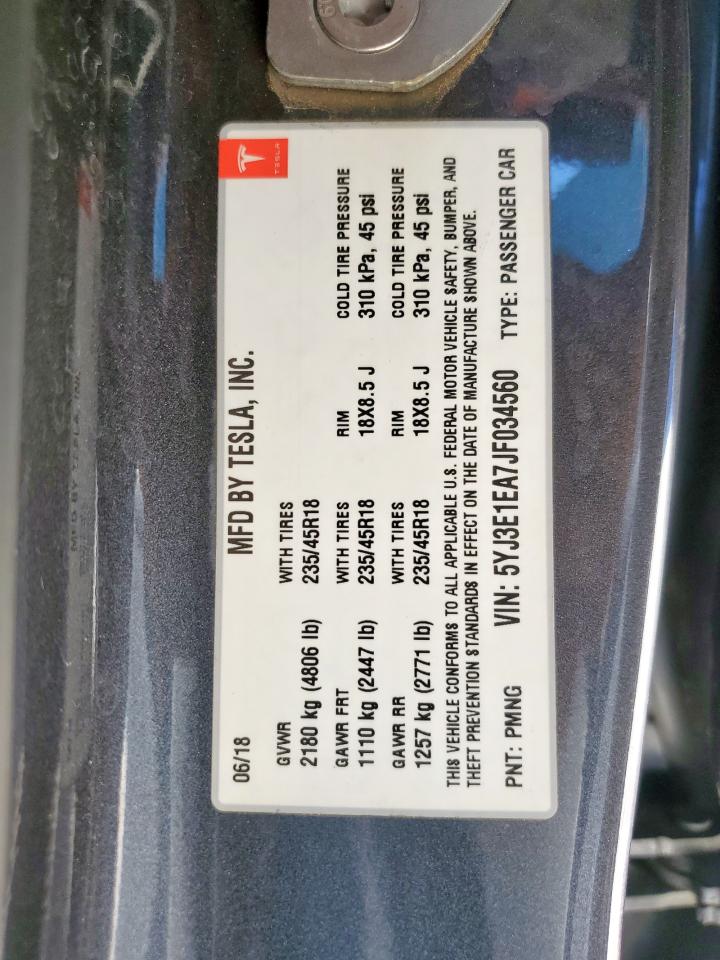 2018 Tesla Model 3 VIN: 5YJ3E1EA7JF034560 Lot: 85115685
