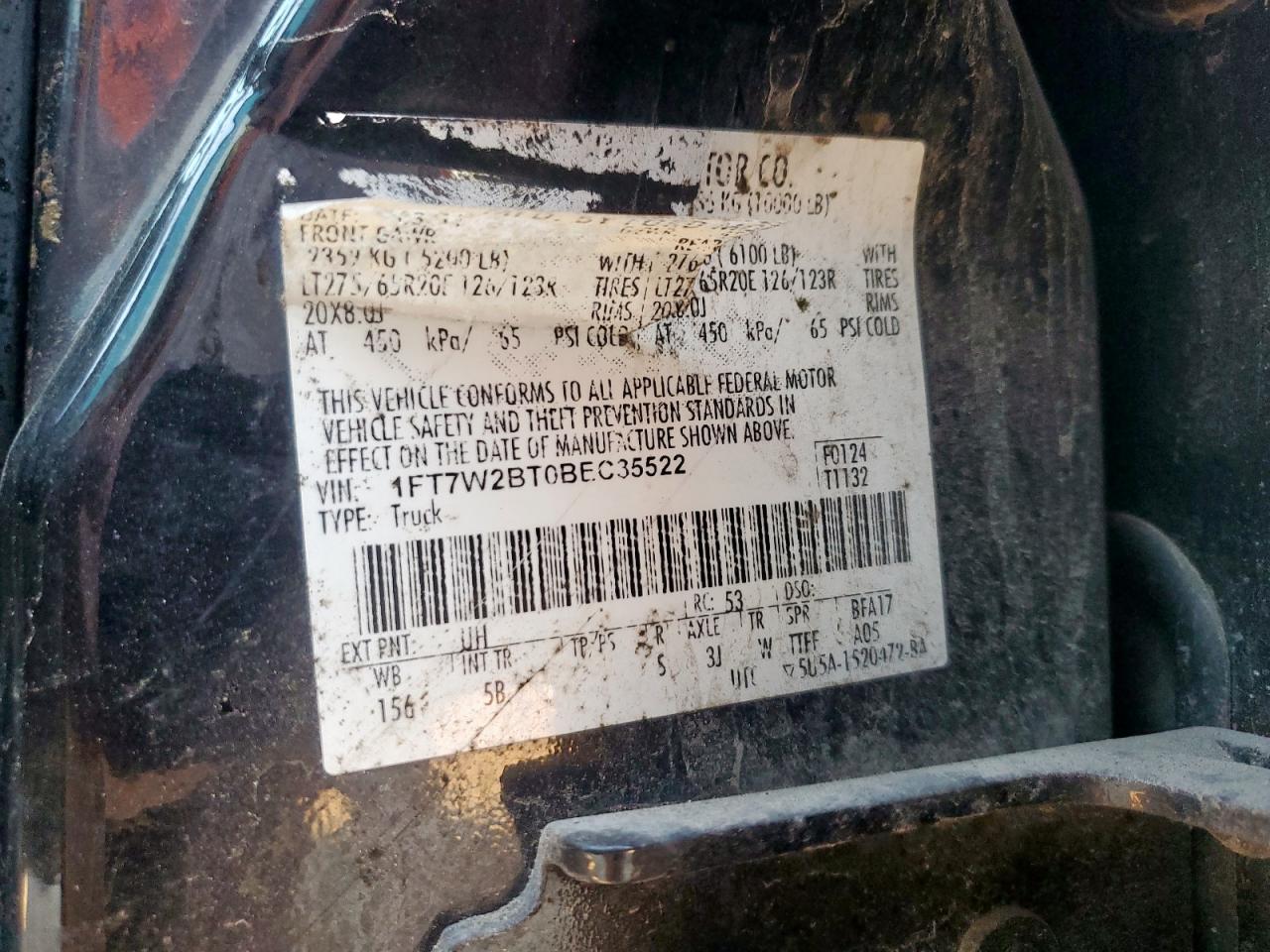 2011 Ford F250 Super Duty VIN: 1FT7W2BT0BEC35522 Lot: 85768205