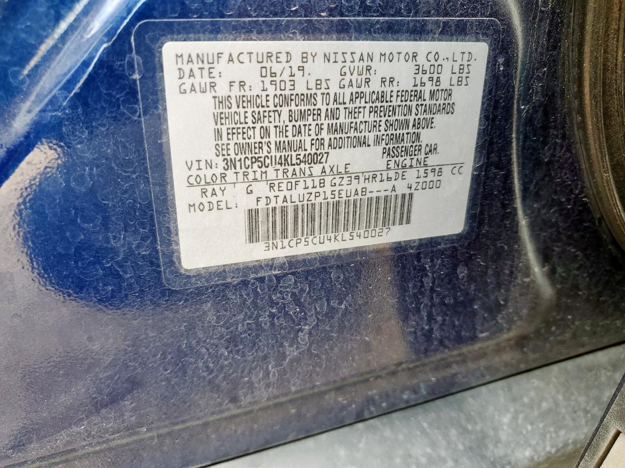 2019 Nissan Kicks S VIN: 3N1CP5CU4KL540027 Lot: 85893835