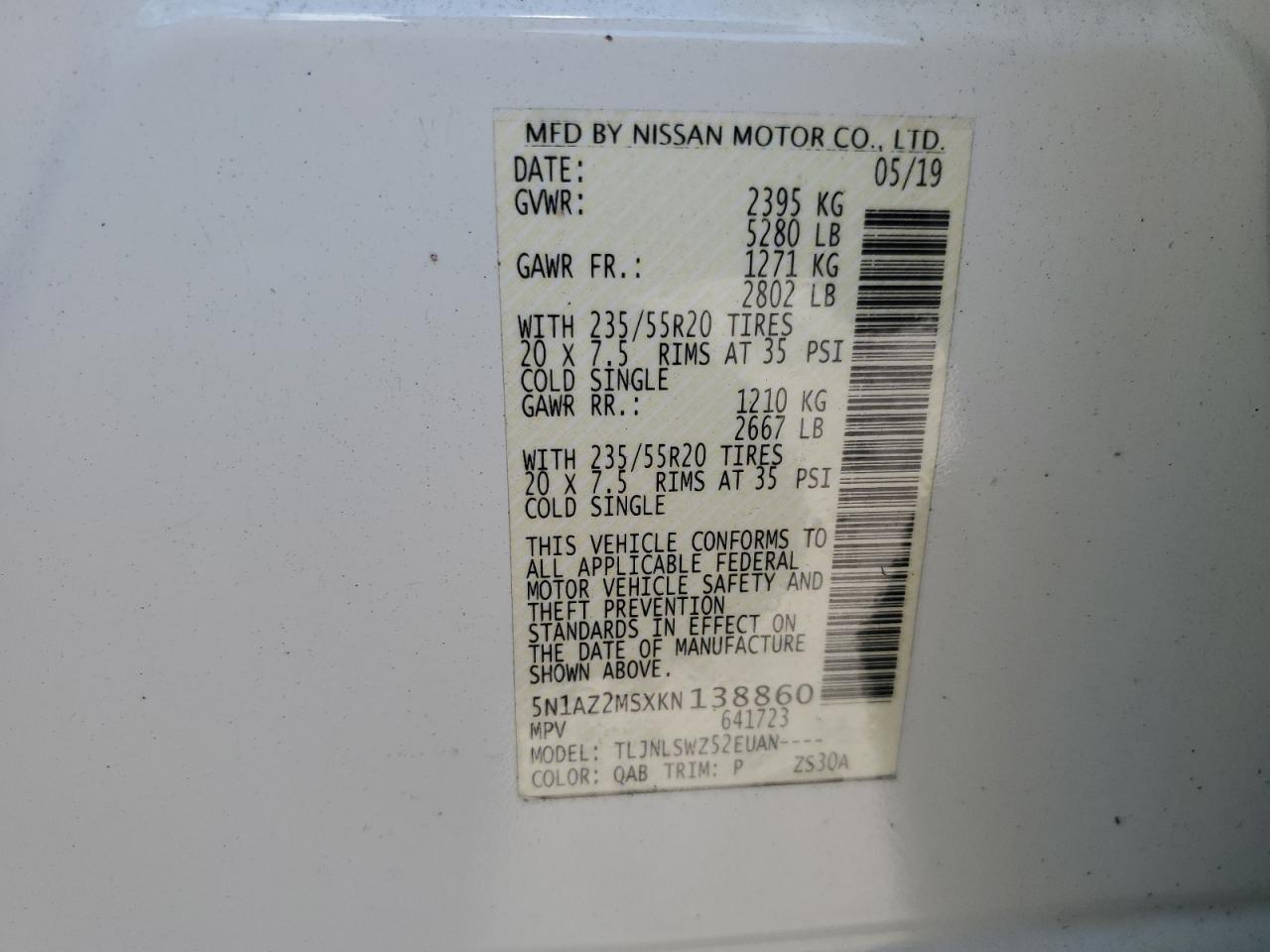 2019 Nissan Murano S VIN: 5N1AZ2MSXKN138860 Lot: 84727935