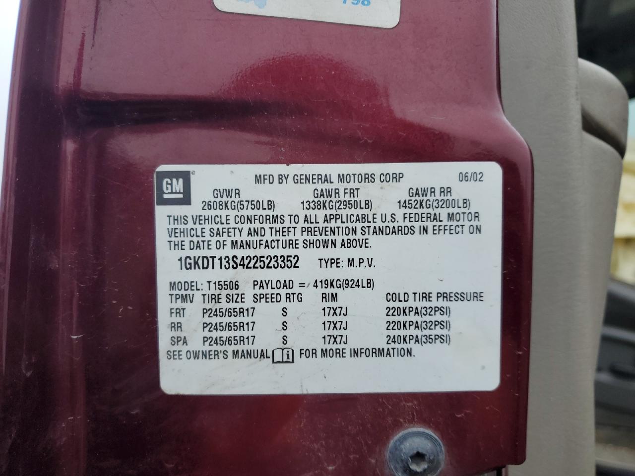 2002 GMC Envoy VIN: 1GKDT13S422523352 Lot: 90645095