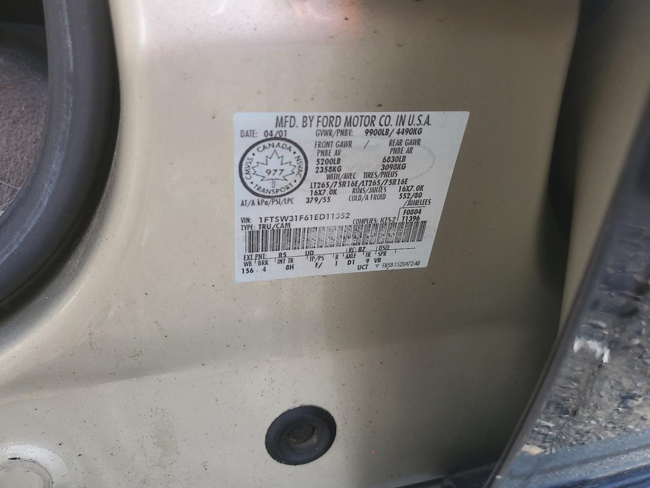 2001 Ford F350 Srw Super Duty VIN: 1FTSW31F61ED11352 Lot: 87008595
