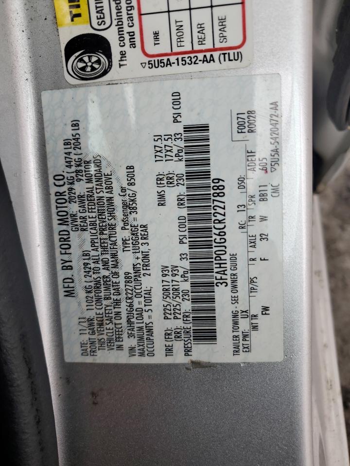 2012 Ford Fusion Sel VIN: 3FAHP0JG6CR227889 Lot: 90950235