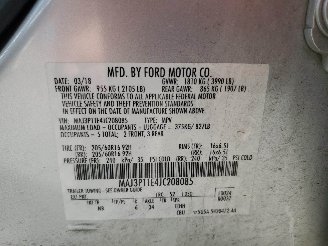 2018 Ford Ecosport Se VIN: MAJ3P1TE4JC208085 Lot: 87264675