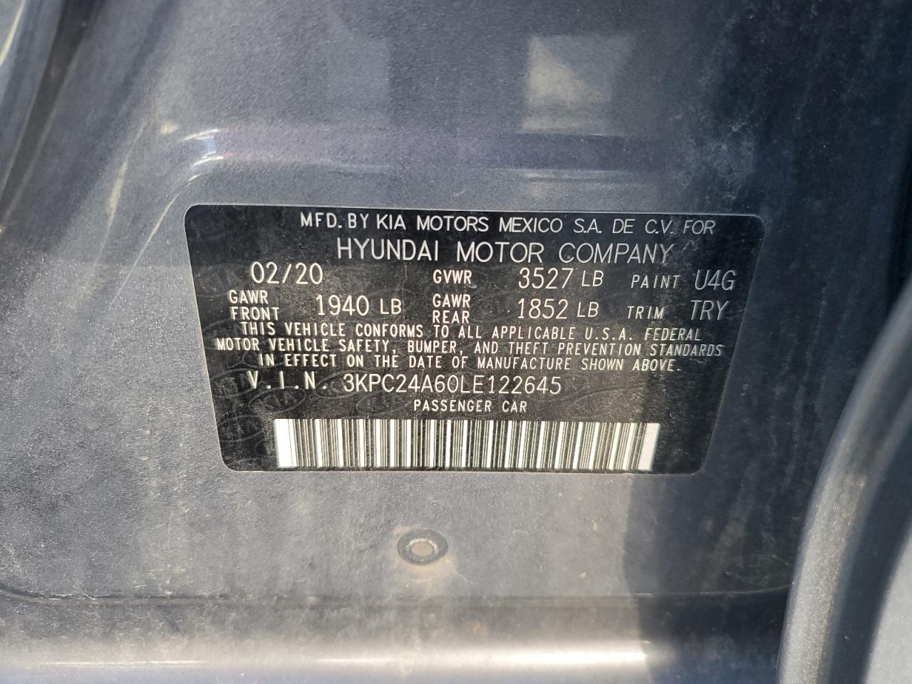 2020 Hyundai Accent Se VIN: 3KPC24A60LE122645 Lot: 85924225