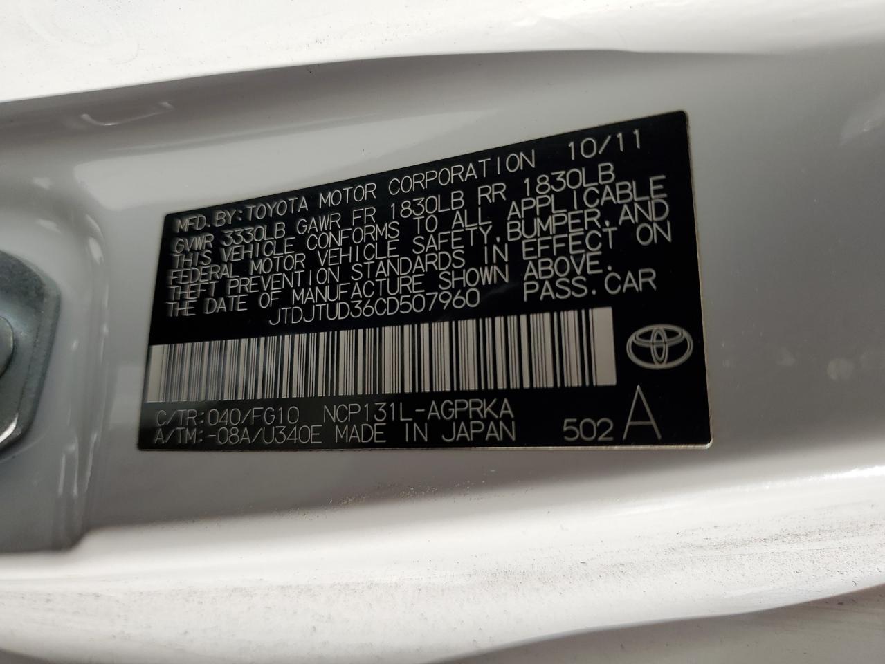 2012 Toyota Yaris VIN: JTDJTUD36CD507960 Lot: 84991855