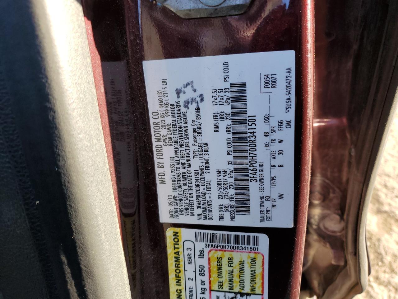 2013 Ford Fusion Se VIN: 3FA6P0H70DR341501 Lot: 87282045