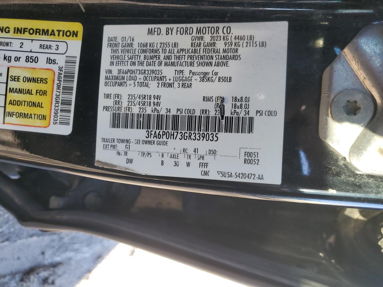 2016 Ford Fusion Se VIN: 3FA6P0H73GR339035 Lot: 82265485